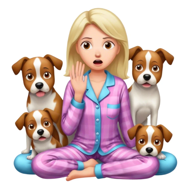 A lady with a shocked face in her pajamas with 3 dogs sticker
