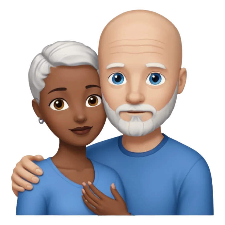 Talk bald white man with a white beard and blue eyes lovingly holding a black woman with brown eyes and grey hair sticker