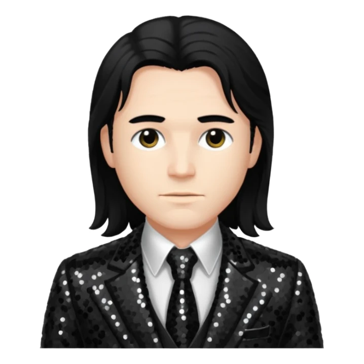 Charles Lee Ray with long black hair, dark suit sequin suit  sticker