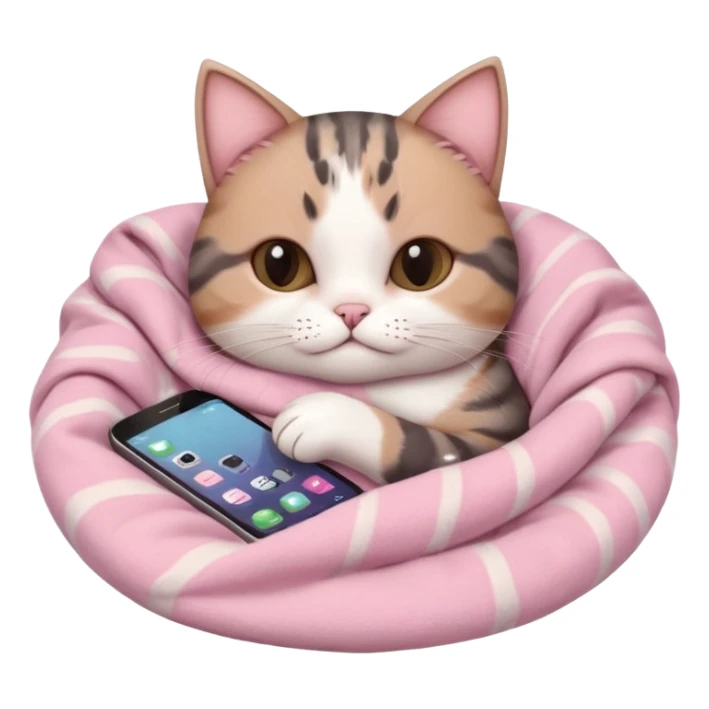 a cozy scene with a cute round-faced cat with brown and gray ears, snuggled in a soft pink blanket, holding a phone with a fishbone design, soft pink background, cat looks relaxed and comfortable, warm and inviting vibe sticker