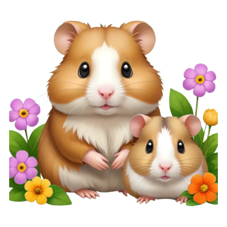 Icon for Hamster and Guinea Pig: A portrait-style collage with a fluffy hamster with soft fur, looking curious, and a friendly guinea pig with long, smooth fur, both on a soft green background with flowers and soft light. Transparent background. sticker