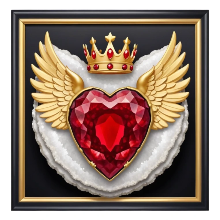 Big onyx geode with red rubby dots inside award-in-frame-decorated-with-big-golden-angel--wings and crown sticker