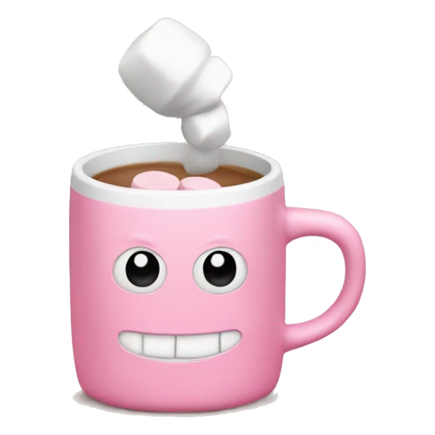 pink plain mug without print with one handle on the right, inside it coffee and marshmallows, sticker