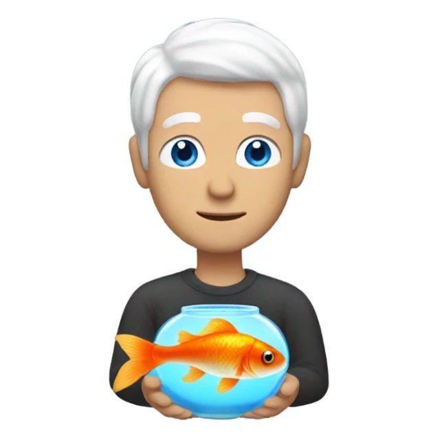 Man with white hair and blue eyes holding a goldfish sticker