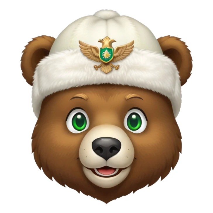Smiling brown bear face with vivid green eyes, wearing traditional white ushanka hat featuring double-headed eagle emblem, Russian style sticker