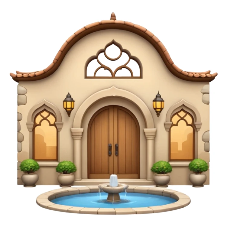 3D Apple-style emoji of a full traditional Turkish han. Rounded stone building with arched wooden doors and windows, small courtyard, fountain, arches, and hanging lanterns. Glossy, smooth, soft shadows, clean white background.






 sticker