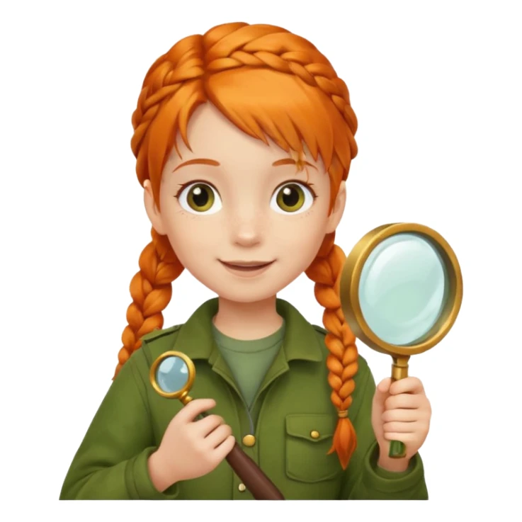braid orange haired girl kid in moss green explorer outfit, holding magnifying glass, smile sticker