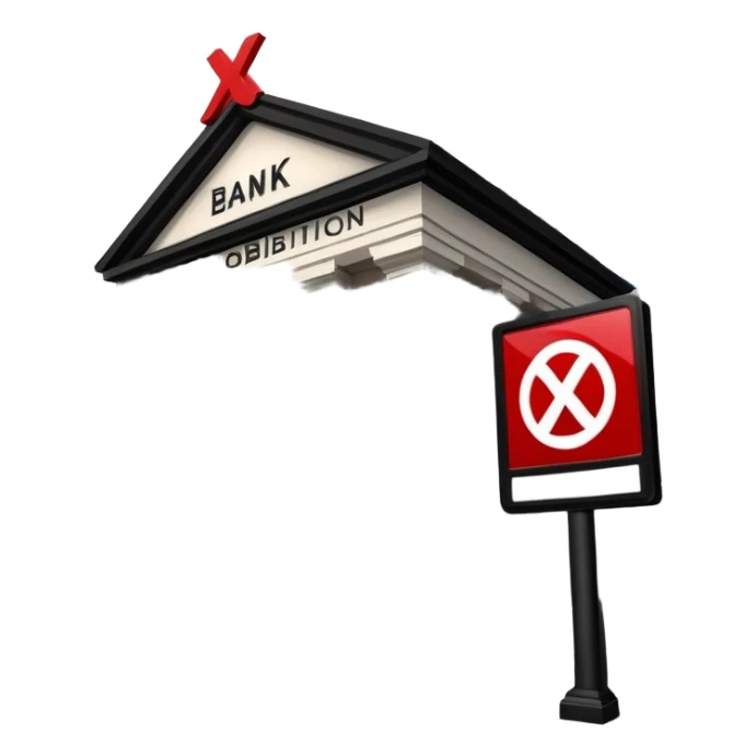 bank building with a large red X over it, prohibition sign sticker