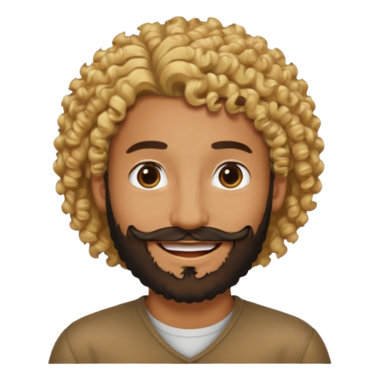 Brown man with curly blonde hair and a black beard sticker