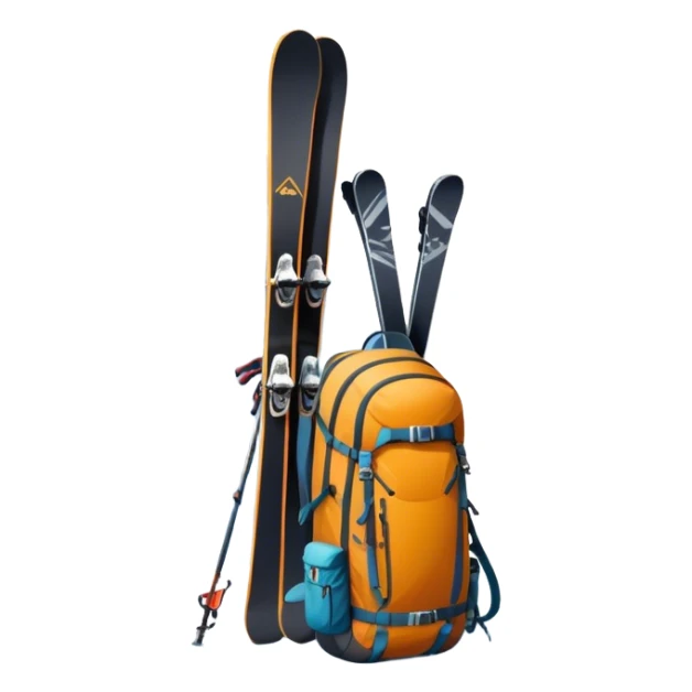 Icon for Mountain Tourism: a snowy peak landscape with skis, a snowboard, climbing equipment, a backpack and a camera. The icon should represent the adventure and excitement of mountain travel and outdoor exploration. Transparent background. sticker