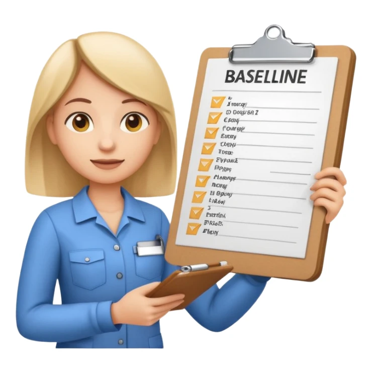 Emoji-style character holding clipboard with checklist: “1. Know baseline 2. Track 30 days 3. Play offense”, background with upward financial graph sticker