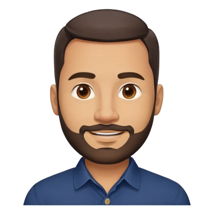 Robust warm-looking man in his early 40s with light brown skin, round face, full cheeks, medium brown eyes, thick eyebrows, wide nose, friendly smile, short neat full beard, very short dark hair, wearing a navy blue button-up shirt sticker