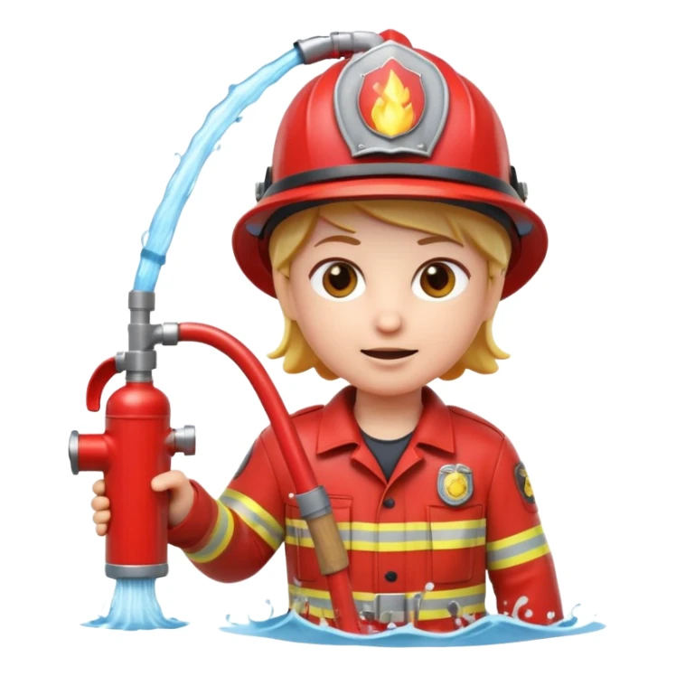 A 3D Apple-style emoji character dressed as a firefighter in a bright red uniform and helmet, holding a fire hose spraying water forward, determined expression with cartoonish eyes, water splashing effect, clean minimal background sticker
