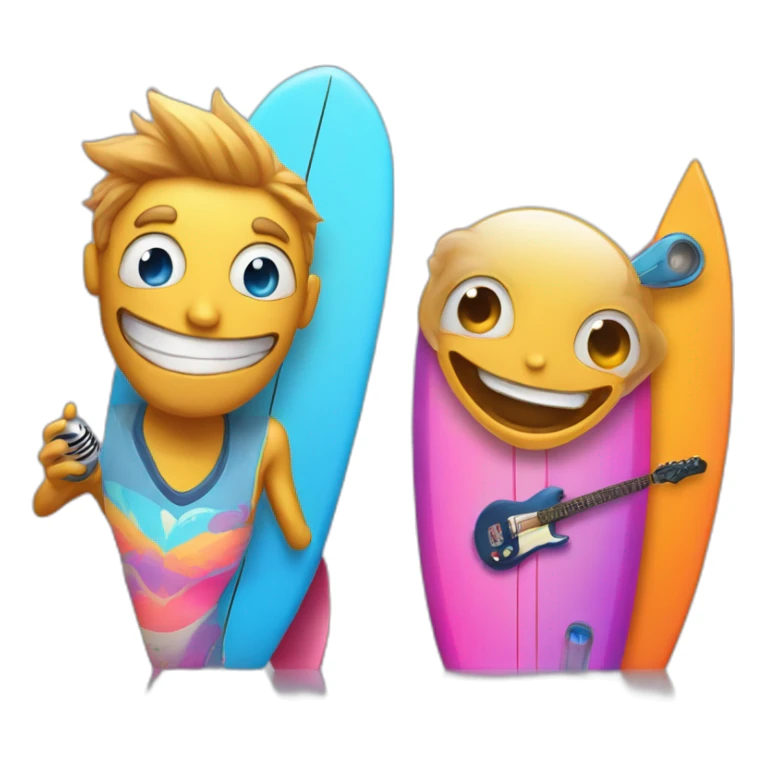 (A surfboard Cartoon Blue and orange smiling) and a (microphone Cartoon Blue and pink with butterfly) sticker