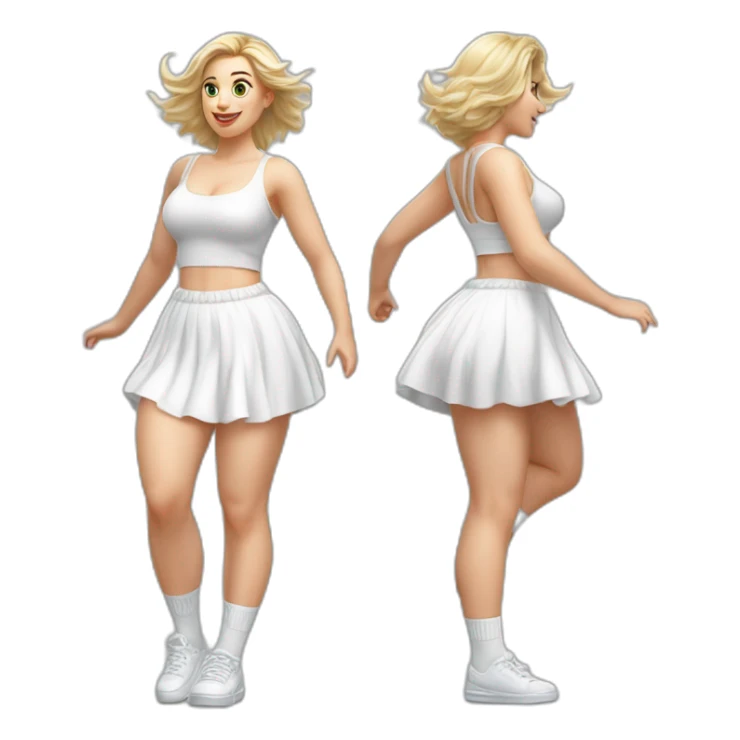 Hyperrealistic Full body Caucasian curvy beauty jumping short white skirt back and front views strong wind knickers long white socks sticker