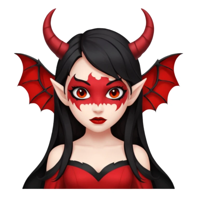 demon girl, skin red , black long hair, small horns, bat wing, black open-back dress, bold black outlines, red+black palette sticker