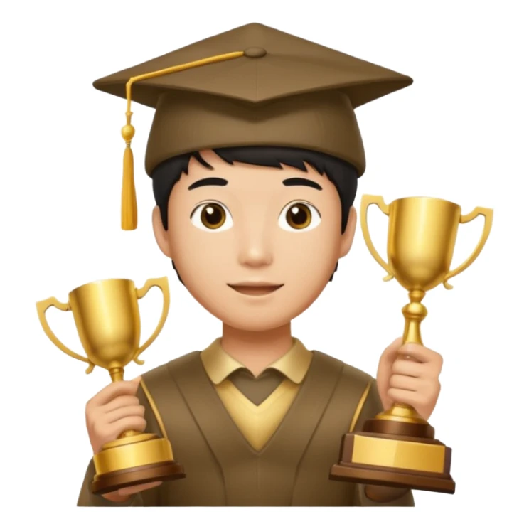 An asian man wearing student hat, holding a trophey sticker