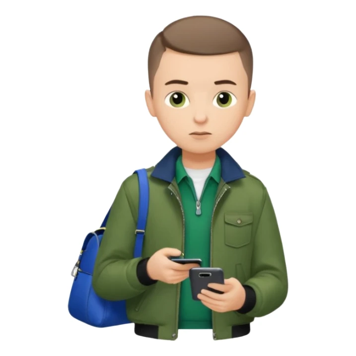 a boy looking at his phone brunnet short buzzcut green jacket blue bag black pants brunnet boy sticker