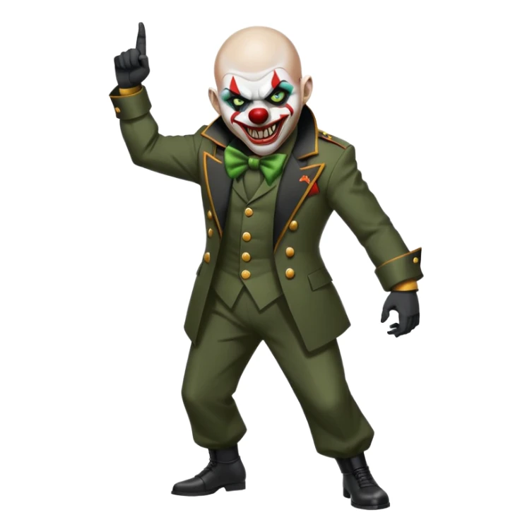 evil clown, bald, short horns from forehead, fangs, pointed ears, black and military green leisure suit, battle-ready fighting posture sticker