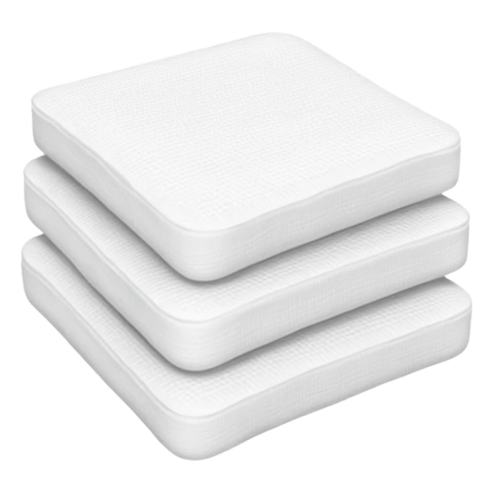 stack of two or three white sterile gauze pads with soft, slightly textured surfaces and clean, square edges, lightweight, neatly layered, medical use, no packaging, no plasters, no tools, apple emoji style, soft lighting, subtle shadows, transparent background, emoji scale sticker