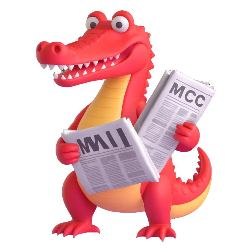 red crocodile holding a newspaper, simple and clear sticker