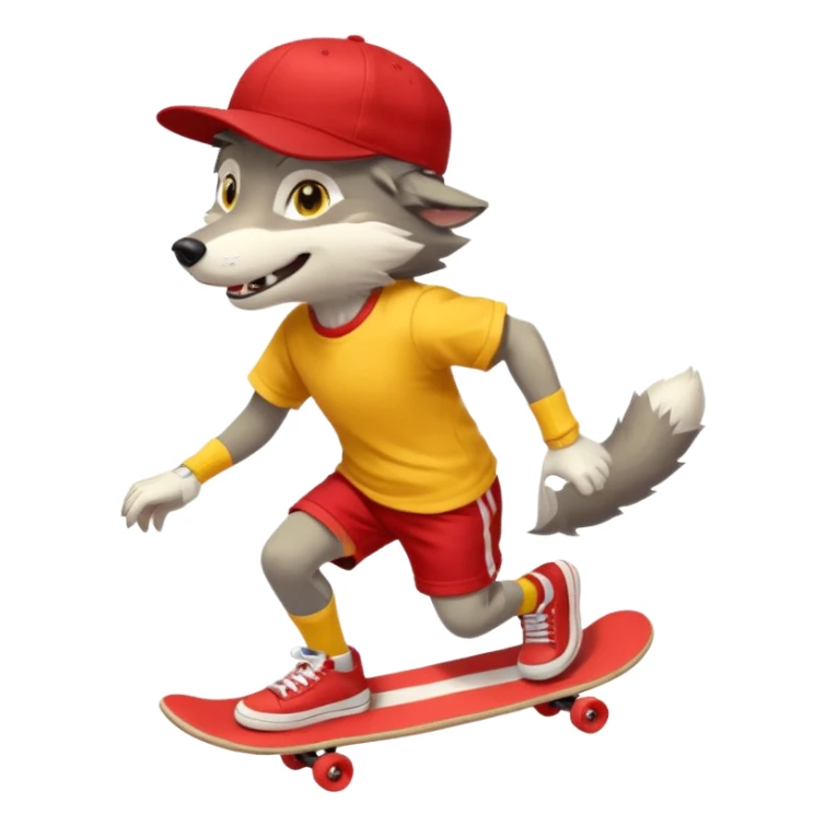 A gray wolf with large, expressive eyes and a friendly smile. The gray wolf is wearing a bright yellow T-shirt, red shorts, white knee socks, and sneakers. The baseball cap is on backwards. The wolf is preparing to perform a skateboarding trick. sticker