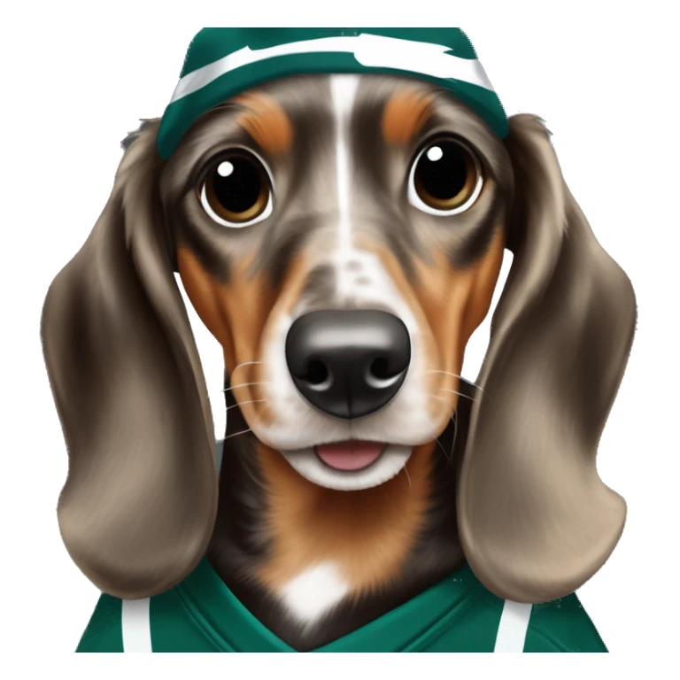 Miniature Tri Merle Medium Light Tri Brown Spotted Dachshund wearing Philadelphia Eagles Hat with C on Jersey sticker
