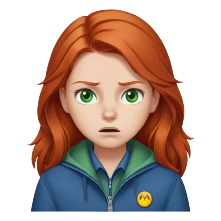 Redhead girl with long hair, green eyes, blue jacket, upset expression sticker