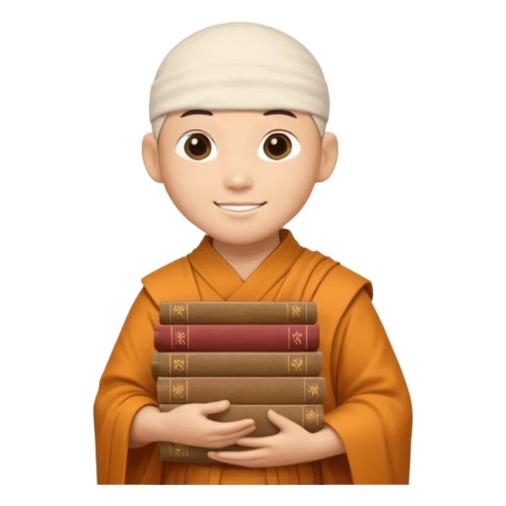 A young monk carrying a stack of ancient books, slightly wobbling but smiling softly.
 sticker