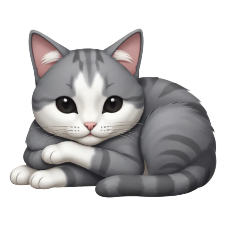 dark grey and white small cat with eyes closed, leaning his head on his paw while leaning on his elbow lying down sticker
