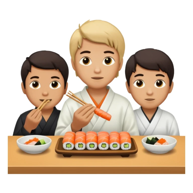 3 boys eating sushi at a place called sano sticker