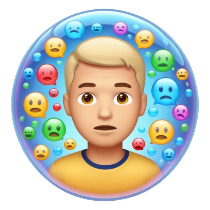 Realistic emoji-style man trapped inside a glowing filter bubble. The bubble contains identical social media icons and repeating content symbols. Outside the bubble are colorful diverse icons he cannot see. The man looks comfortable but unaware, expressing narrow perspective. sticker