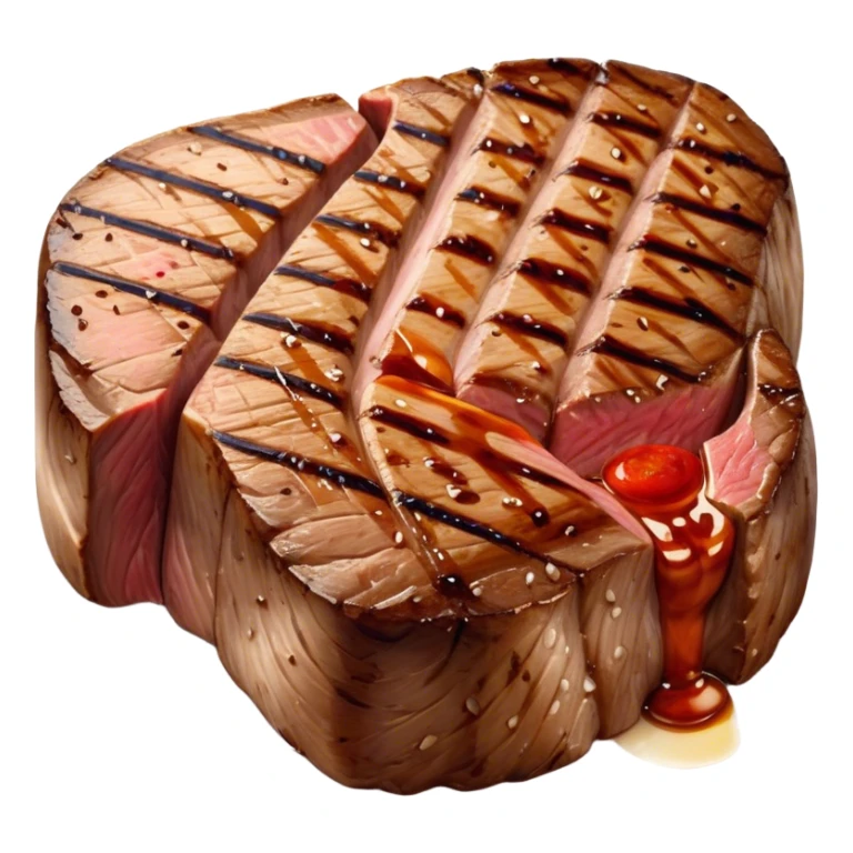Cinematic thick-cut scotch fillet steak, perfectly seared with grill marks, a grilled center, rich and savory, warm glow, sizzling and mouthwatering, highly detailed and appetizing. sticker