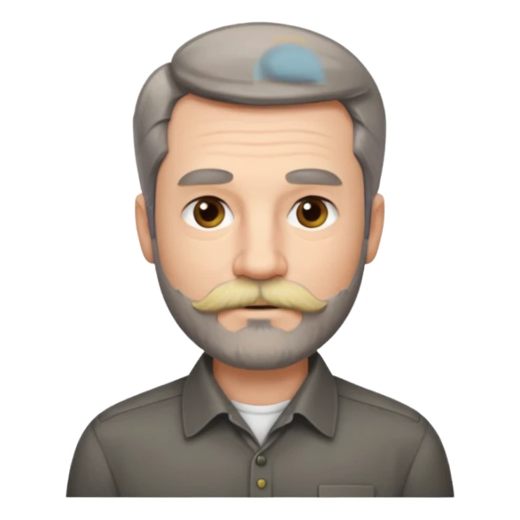 50 yr old white man, pale skin, dark grey hair with some brown highlights, side swept part, groomed moustache and beard sticker