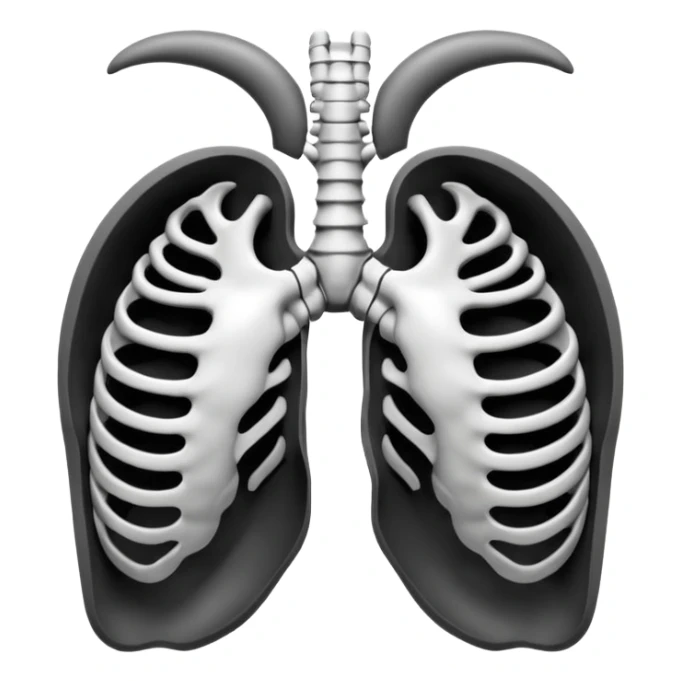 3D render of Ribcage, X-Ray imaging aesthetic, translucent materials showing internal structure, skeletal chest bones in high contrast black and white, medical scan style, Apple emoji style, isolated on white background --v 6.0. sticker