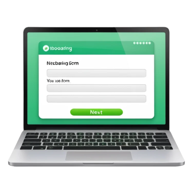 A emoji-style illustration of a laptop front facing with its screen showing onboarding form. On the screen, display a small white form card with a few simplified input fields. Add a bright green 'Next' button at the bottom of the card. sticker