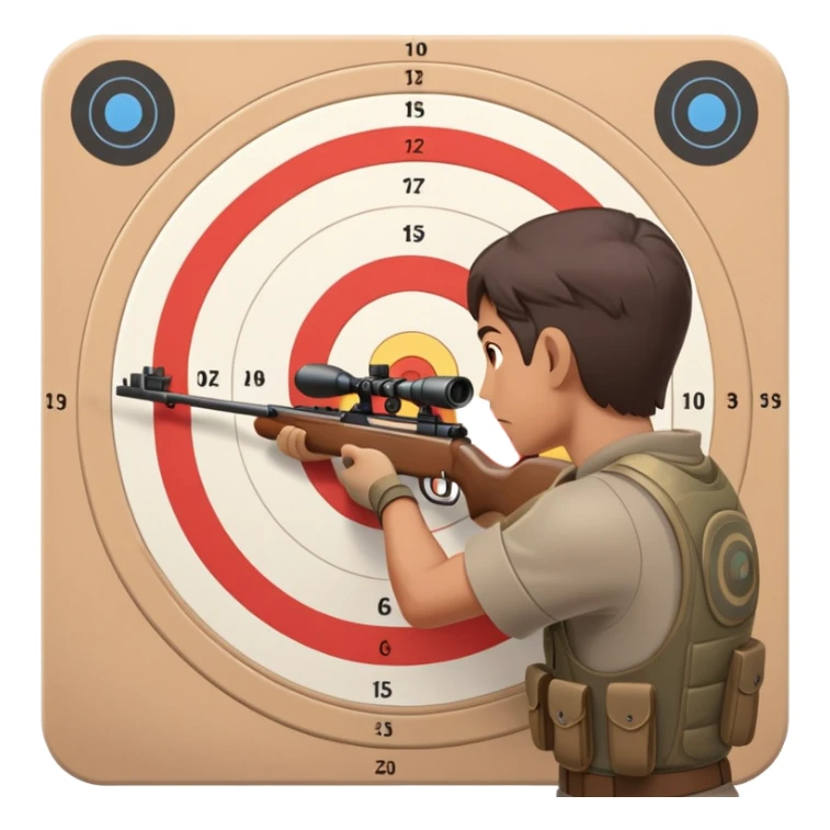 A focused marksman aiming at a target with a rifle, displaying perfect form and concentration. The background includes a target board with concentric rings, emphasizing accuracy and precision in a competitive shooting environment sticker
