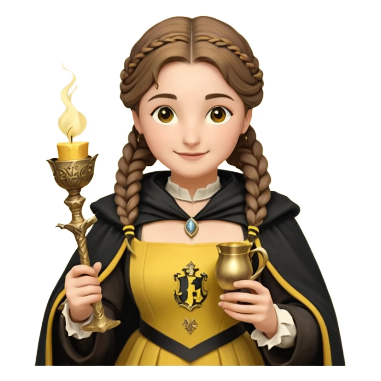 Helga Hufflepuff,the Hogwarts founder of Hufflepuff,brown-haired,2braids,yellow-black medieval dress with black cloak decorated with gold braiding,flickering magic wand and tiny two-handled shiny gold cup engraved with the badger silhouette,very kind smile,curvy busty sweet sticker
