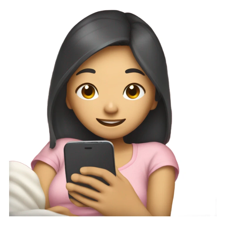 asian girl laying in bed texting her boyfriend with a heart sticker