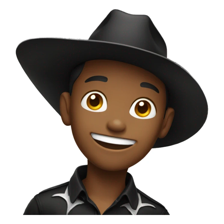 smiling boy in black shirt with cowboy hat sticker