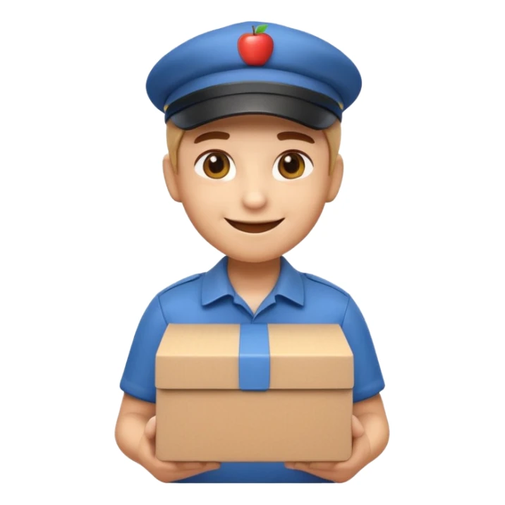 3D Apple-style emoji of a delivery worker holding a cardboard package. Wearing a cap and uniform shirt, smiling expression. Rounded, glossy, smooth, soft shadows, white background.




 sticker
