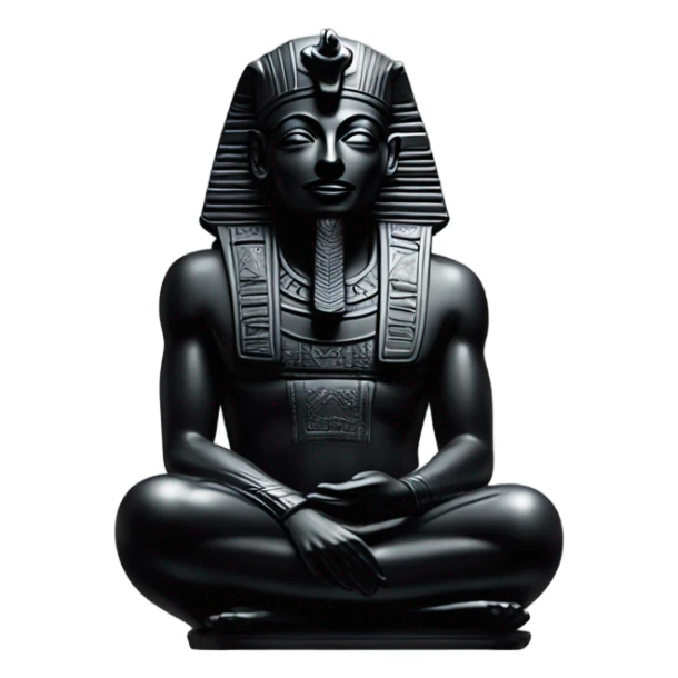 Osiris obsidian statue on granite 30 ton brick, massive size, sunlight behind, sunset colors, reflections on black stone polished clean perfect, photography angles sticker