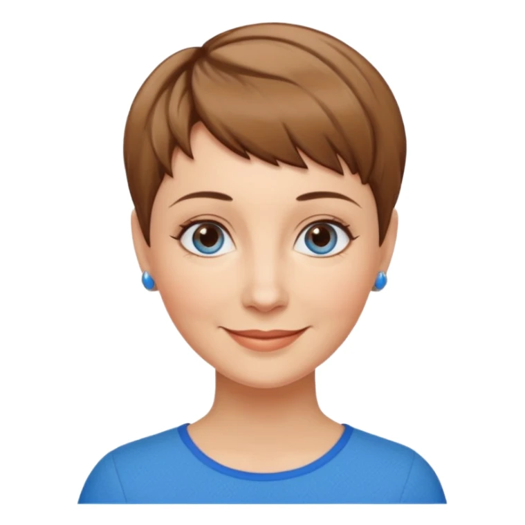 Frau, helle Haut, brauner Pixie schnitt mit dunkelblonden Spitzen, blaue Augen, mittleres alter sticker