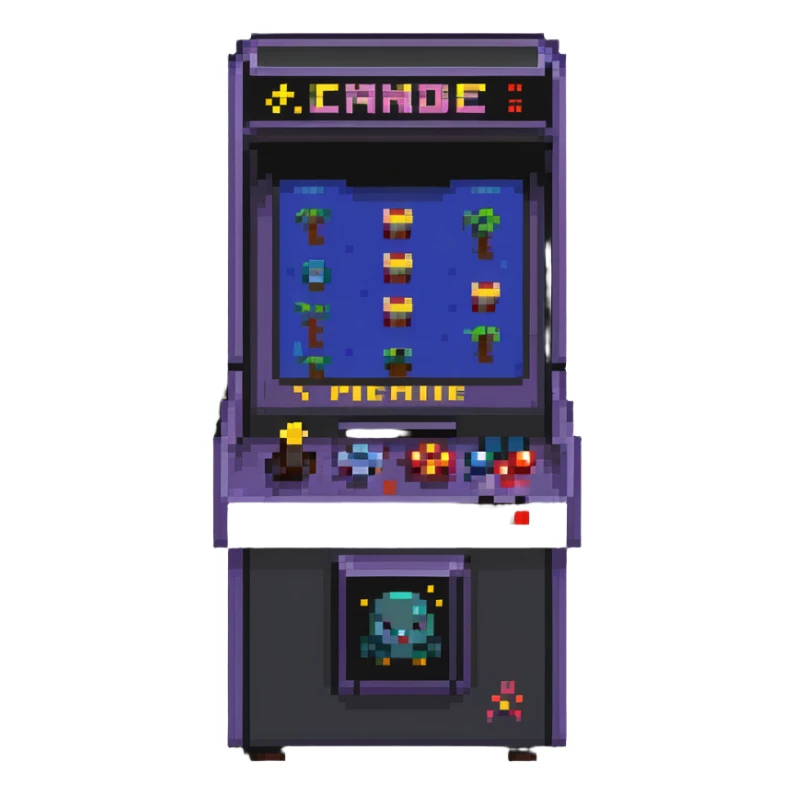 A retro pixel art arcade machine with 8-bit game characters on screen sticker