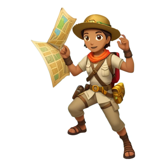 An icon featuring an adventurer in a dynamic action pose, with treasure maps, ancient ruins, and jungle landscapes in the background. The design includes clues, hidden passages, and climbing gear, symbolizing the thrill of exploration and discovery. Transparent background. sticker
