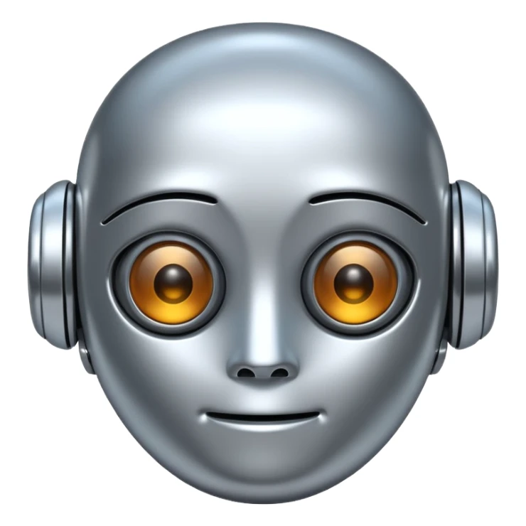 A cute futuristic robot emoji made of silver chrome, rounded friendly body, minimal facial features, glossy metallic surface, soft reflections, iOS emoji style, centered, clean white background sticker