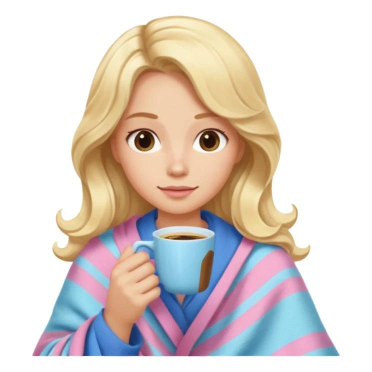 Blonde long wavy hair with a pink and blue pastel blanket drinking coffe sticker