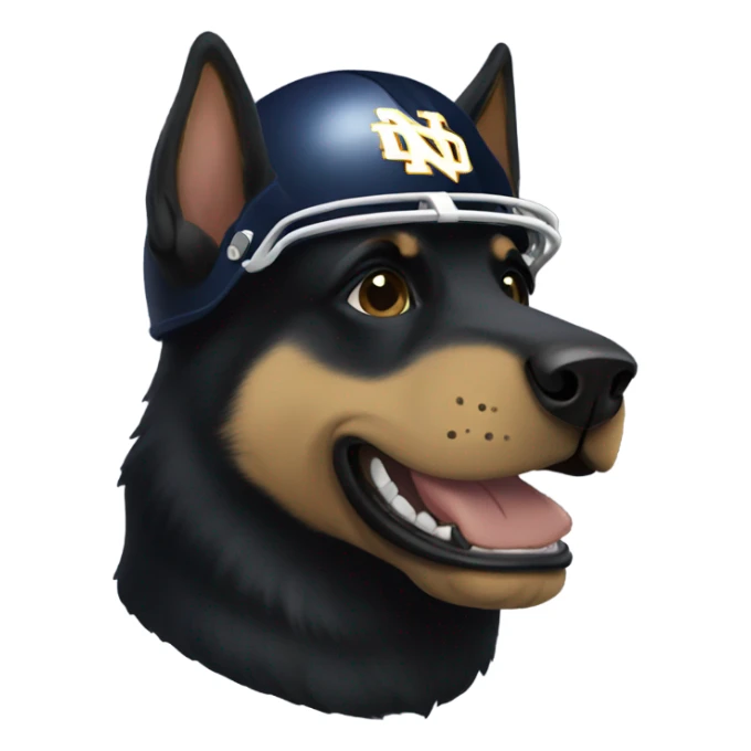 Black German shepherd wearing a notre dame football helmet  sticker