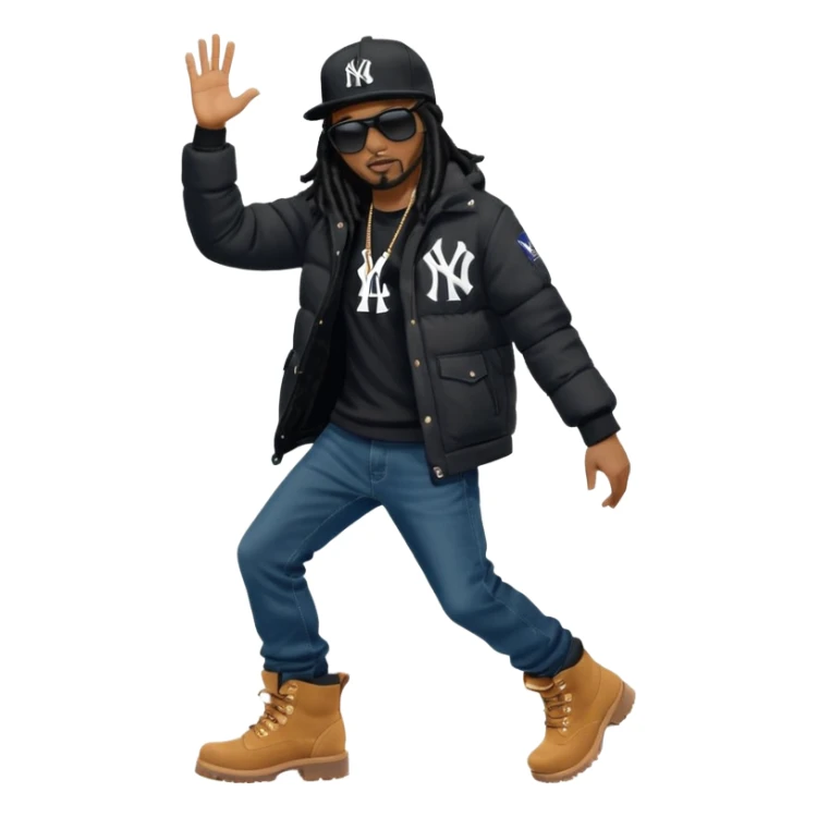 African American man with shoulder length black dreadlocks and black sunglasses wearing a black New York Yankees baseball hat with a North Face brand bubble winter coat with denim skinny jeans and timberland boots dancing sticker