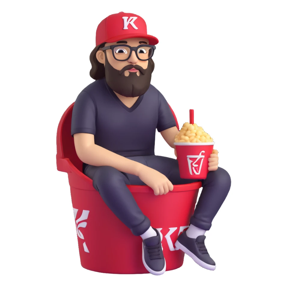 BBNO$ rapper sitting in a KFC bucket, glasses, beard, snapback cap sticker